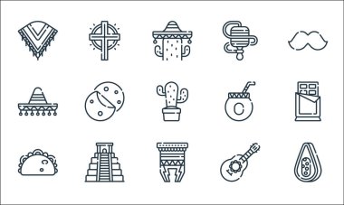 Meksika hattı ikonları. Doğrusal küme. Papaya, huehuetl, taco, gitar, chichen itza, Meksika şapkası, dostum, balero, çapraz