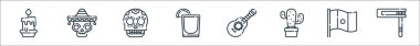 Meksika hattı ikonları. Doğrusal küme. Matraca, Mexico, kaktüs, gitar, tekila, kafatası, kafatası gibi kalite vektör çizgisi kümesi