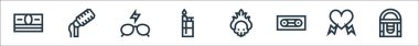 Rock 'n Roll çizgisi simgeleri. Doğrusal küme. Müzik kutusu, kalp, kaset, ateş, çakmak, güneş gözlüğü, mikrofon gibi kalite vektör dizileri