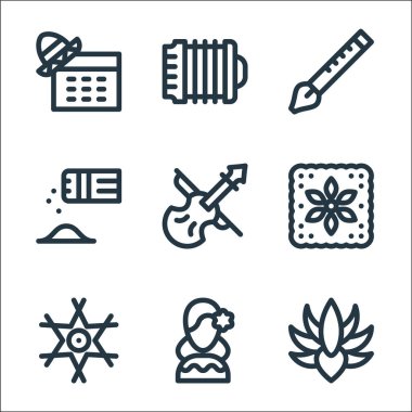 Cinco de mayonez çizgisi simgeleri. Doğrusal küme. Kaliteli vektör çizgisi: agave, meksika, pi _ ata, çiçek, keman, tuz ve biber, flüt, akordeon