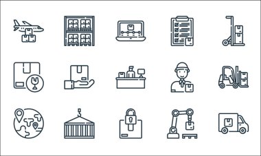 Lojistik ve dağıtım hattı simgeleri. Doğrusal küme. Kamyon, güvenlik, dünya çapında, robotik kol, konteynır, kırılgan, teslimatçı, kontrol listesi, depo gibi kalite vektör dizileri