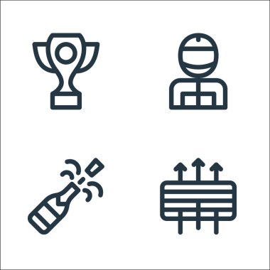 Otomatik yarış çizgisi simgeleri. Doğrusal küme. Hava filtresi, şampanya, yarışçı gibi kalite vektör çizgisi