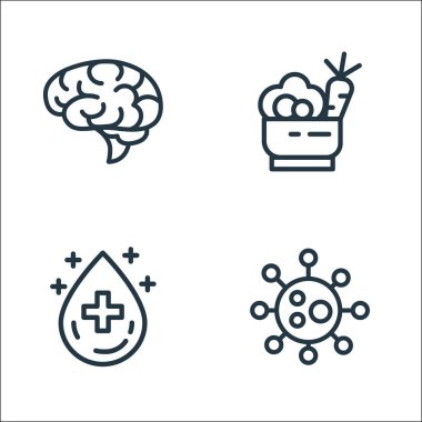 Sağlık ve koruma hattı simgeleri. Doğrusal küme. Virüs, kan, sağlıklı besin gibi kalite vektör çizgisi