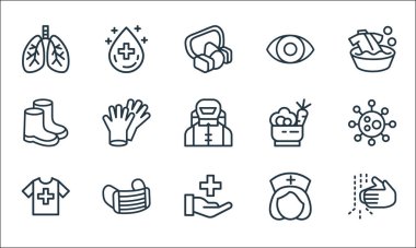 Sağlık ve koruma hattı simgeleri. Doğrusal küme. El yıkama, sağlık, giysi, hemşire, maske, bot, sağlıklı gıda, göz, kan gibi kalite vektör çizgisi