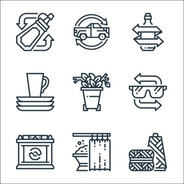 Geri dönüşüm çizgisi simgeleri. Doğrusal küme. Tekstil, duş perdesi, pil, gözlük, atık, bulaşık takımı, cam şişe, kamyon gibi kalite vektör dizileri