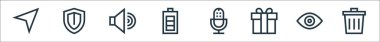 Web esasları çizgi simgeleri. Doğrusal küme. Çöp kutusu, görünüm, hediye kutusu, mikrofon, pil, ses, kalkan gibi kalite vektör dizileri