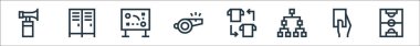 Futbol sahası ikonları. Doğrusal küme. Futbol sahası, kart, futbol, futbol, ıslık, oyun stratejisi, dolaplar gibi kalite vektör dizileri