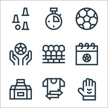 Futbol sahası ikonları. Doğrusal küme. Kalite vektör çizgisi: kaleci, oyuncu, spor çantası, takvim, koltuk, futbol topu, kronometre