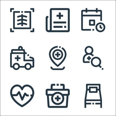 Tıbbi malzeme çizgisi simgeleri. Doğrusal küme. Hastane yatağı, ilk yardım çantası, kan basıncı, doktor, konum belirleyici, ambulans, randevu, gazete gibi kalite vektör dizileri