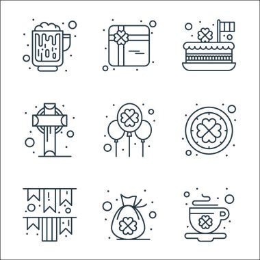 Aziz Patrick çizgisi simgeleri. Doğrusal küme. Kahve, çanta, bayraklar, İrlanda, balon, haç, pasta, hediye gibi kalite vektör çizgisi