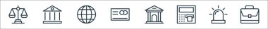 Bankacılık ve finans sektörü simgeleri. Doğrusal küme. kalite vektör çizgisi portföy, siren, atm makinesi, banka, cit kartı, internet, banka gibi