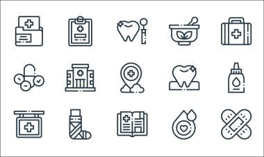 İlaç çizgisi simgeleri. Doğrusal küme. Kaliteli vektör çizgisi örneğin yara bandı, tıp kitabı, hastane, kan damlası, kırık bacak, haplar, diş, havan, pano