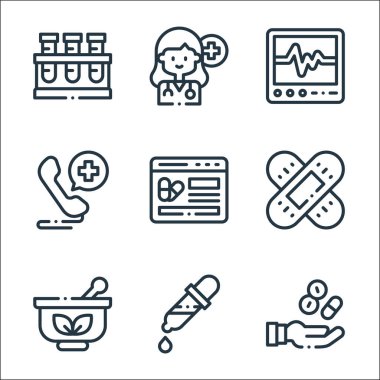 İlaç çizgisi simgeleri. Doğrusal küme. El, pipo, havan, yara bandı, hap, hastane, ecg, doktor gibi kalite vektör çizgisi