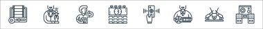 Sinema çizgisi simgeleri. Doğrusal küme. Ses hoparlörü, spot ışığı, film makarası, uzaktan kumanda, sinema, patlamış mısır, ödül gibi kalite vektör dizileri