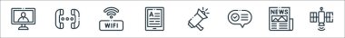 iletişim hattı simgeleri. Doğrusal küme. Uydu, gazete, iletişim, megafon, kitap, kablosuz ağ, sohbet gibi kalite vektör çizgisi