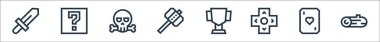 Video oyunu ögeleri çizgi simgeleri. Doğrusal küme. Ahşap, poker, oklar, bardak, çekiç, ölüm, gizem gibi kalite vektör çizgisi