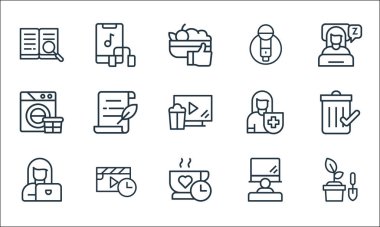 Ev çizgisi simgelerinde kalın. Doğrusal küme. Bahçe işleri, kahve saati, iş, televizyon izlemek, film izlemek, yıkamak, sağlıklı, karaoke yapmak gibi kalite vektör dizileri