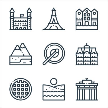 Avrupa çizgisi simgeleri. Doğrusal küme. Geçit, sahil, waffle, saray, tef, alp, bryggen, Eyfel kulesi gibi kalite vektör dizileri