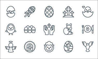 Paskalya çizgisi simgeleri. Doğrusal küme. Güvercin, koyun, melek, paskalya yumurtası, çelenk, civciv, paskalya tavşanı, çapraz, lolipop gibi kalite vektör dizileri