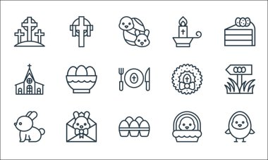 Paskalya çizgisi simgeleri. Doğrusal küme. Hatun, yumurta, tavşan, civciv, harf, kilise, çelenk, mum, haç gibi kalite vektör dizileri