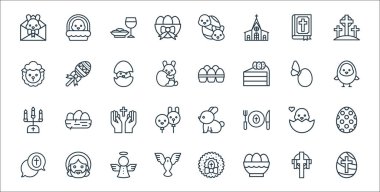 Paskalya çizgisi simgeleri. Doğrusal küme. Paskalya yumurtası, paskalya yumurtası, güvercin, sohbet, piliç, inanç, civciv, yumurta, lolipop gibi kalite vektör çizgisi