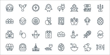 Paskalya çizgisi simgeleri. Doğrusal küme. Yemek, civciv, ekmek, yumurta, lolipop, melek, paskalya yumurtası, İncil, koyun gibi kalite vektör dizileri