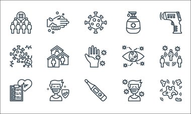 Koronavirüs çizgisi simgeleri. Doğrusal küme. bakteri, termometre, tanı, hasta, sağlıklı, koronavirüs, göz, el sabunu, el yıkama gibi kalite vektör dizileri