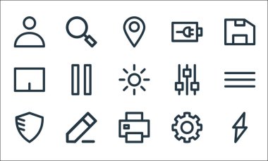 kullanıcı arayüzü satır simgeleri. Doğrusal küme. Cıvata, yazıcı, kalkan, dişli, dokunmatik ped, ayar, pil durumu, araştırma gibi kalite vektör dizileri