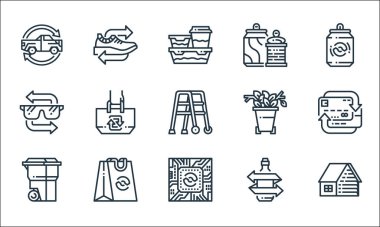 Geri dönüşüm çizgisi simgeleri. Doğrusal küme. Ev, işlemci, geri dönüşüm kutusu, cam şişe, alışveriş torbası, gözlük, atık, teneke, spor ayakkabı gibi kalite vektör dizileri