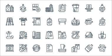 Geri dönüşüm çizgisi simgeleri. Doğrusal küme. Gözlük, giysi, kağıt, pil, ev, halı, çamaşır deterjanı, bank, atık