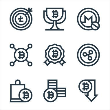 Kripto para birimi çizgisi simgeleri. Doğrusal küme. Bitcoin, bitcoin, alışveriş çantası, bitcoin, ödül, monero gibi kalite vektör dizileri,