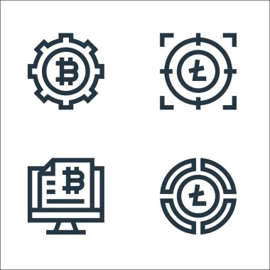 Kripto para birimi çizgisi simgeleri. Doğrusal küme. Pasta çizelgesi, bitcoin, bitcoin gibi kalite vektör çizgisi