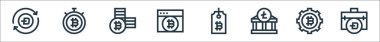 Kripto para birimi çizgisi simgeleri. Doğrusal küme. Çanta, bitcoin, litekoin, bitcoin, browser, bitcoin gibi kalite vektör çizgisi kümesi,