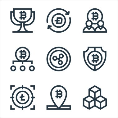Kripto para birimi çizgisi simgeleri. Doğrusal küme. blockchain, bitcoin, bitcoin, bitcoin, bitcoin, dash gibi kalite vektör çizgisi