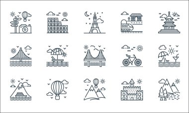 Turizm çizgisi simgeleri. Doğrusal küme. Göl, sıcak hava balonu, yolcu gemisi, kale, sıcak hava balonu, köprü, bisiklet, tren istasyonu, kolezyum gibi kalite vektör çizgileri.