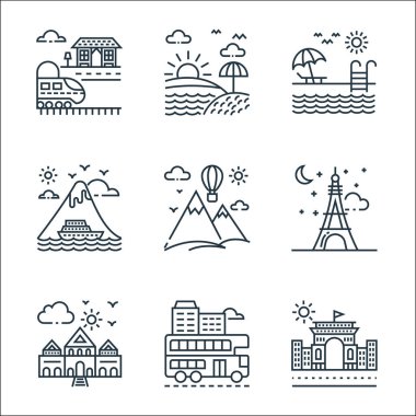 Turizm çizgisi simgeleri. Doğrusal küme. İstasyon, çift katlı otobüs, alışveriş merkezi, Eyfel Kulesi, sıcak hava balonu, yolcu gemisi, yüzme havuzu, gün doğumu gibi kalite vektör dizileri