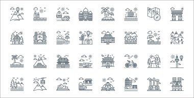 Turizm çizgisi simgeleri. Doğrusal küme. Notre dame, town, tren istasyonu, dağlar, kamp, Çin tapınağı, yol, bina, Londra köprüsü gibi kalite vektör dizileri