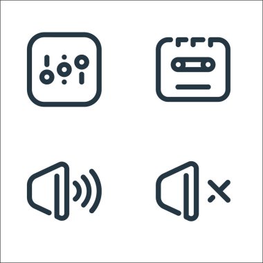 ses çizgisi simgeleri. Doğrusal küme. Sessiz, hacimli, kaset gibi kalite vektör satırı kümesi