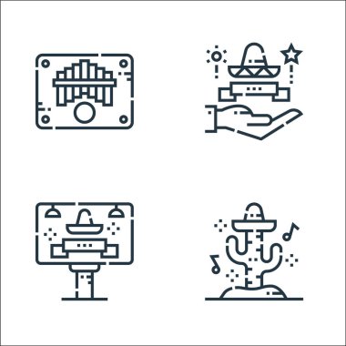 Cinco de mayonez çizgisi simgeleri. Doğrusal küme. Kaktüs, billboard, cinco de mayonez gibi kalite vektör çizgisi