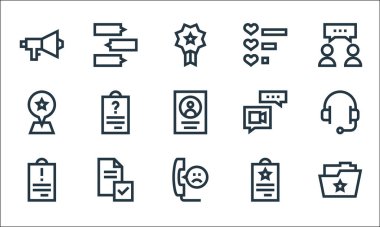 Geribildirim ve ifade satırı simgeleri. Doğrusal küme. Dizin, hoşlanmamak, uyarı, sözleşme, anket, konum, video çağrısı, kalpler, sohbetler gibi kalite vektör dizileri