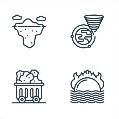 İklim değişikliği çizgisi simgeleri. Doğrusal küme. Uyarı, kömür, fırtına gibi kalite vektör çizgisi