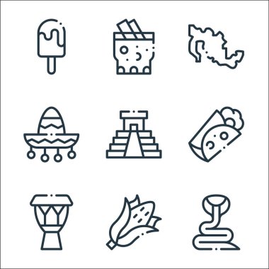 Meksika hattı ikonları. Doğrusal küme. Yılan, mısır, davul, burrito, kukulkan, Meksika, tepache gibi kalite vektör dizileri