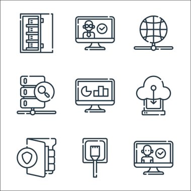 veritabanı ve sunucu satırı simgeleri. Doğrusal küme. kullanıcı, lan, koruma, bulut sunucusu, istatistik, sunucu, ağ, yönetici gibi kalite vektör çizgisi kümesi