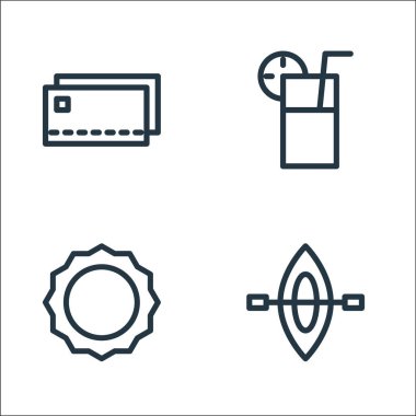 Tatil çizgisi simgeleri. Doğrusal küme. Yelkenli, çiçek, meyve suyu gibi kalite vektör çizgisi