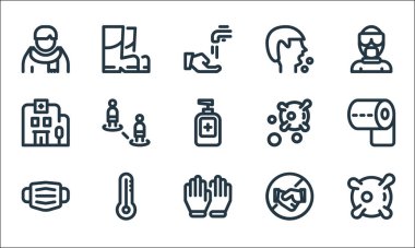 Koronavirüs çizgisi simgeleri. Doğrusal küme. Bakteri, eldiven, maske, el sıkışma, termometre, hastane, bakteri, öksürük, bot gibi kalite vektör dizileri