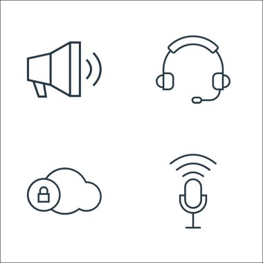 kullanıcı arayüzü satır simgeleri. Doğrusal küme. Mikrofon, bulut kilidi, kulaklık gibi kalite vektör çizgisi