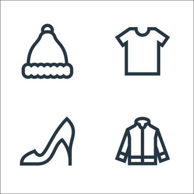 Çamaşır çizgisi simgeleri. Doğrusal küme. Ceket, yüksek topuklu ayakkabı, tişört gibi kalite vektör çizgisi