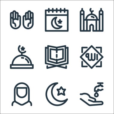 Ramazan Kareem çizgi simgeleri. Doğrusal küme. Wudhu, Müslüman, Müslüman kadın, Allah, Kur 'an, cami, cami, takvim gibi kalite vektör dizileri