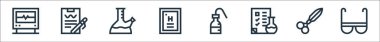 Laboratuvar çizgisi simgeleri. Doğrusal küme. Güvenlik gözlüğü, makas, kontrol listesi, çamaşır şişesi, periyodik tablo, matara, analiz gibi kalite vektör çizgisi kümesi