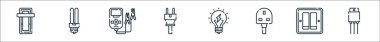 Elektrikçi aletleri ve çizgi simgeleri. Doğrusal küme. Kablo, lamba, g, ampul, güç dolgusu, pil, neon gibi kalite vektör dizisi